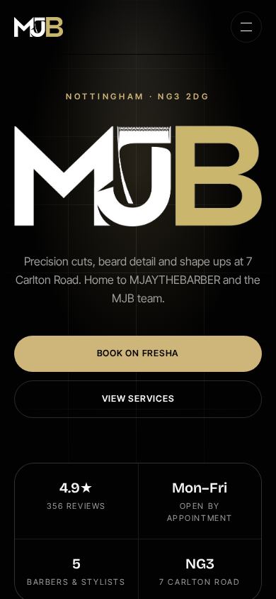 MJays Barbershop concept website shown on mobile