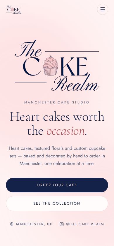 The Cake Realm concept website shown on mobile